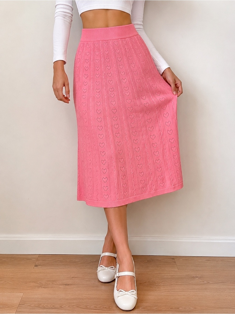 NWT A New Day Pink Heart Pointelle Knit Midi Skirt Size Small